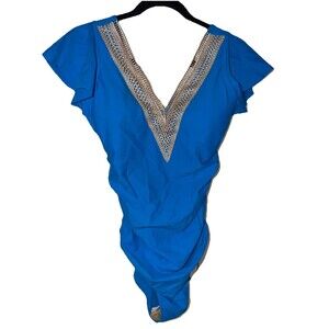 Women Swim Bathing Suit One piece Sz Med Ruffle Sleeve Crochet Blue NWOT Boho